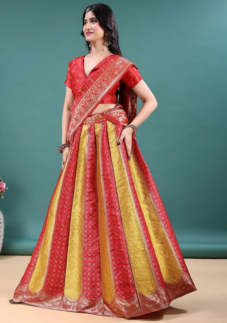 Red And Golden Jacquard Work Jacquard Lehenga Set - Indya