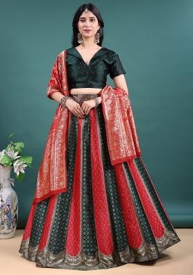 Green And Red Jacquard Work Jacquard Lehenga Set