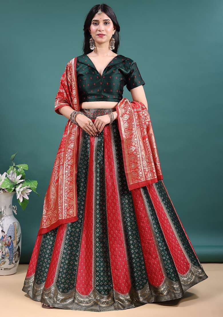 Green And Red Work Jacquard Jacquard Lehenga Set for Diwali | Wedding & Festive Wear - Indya