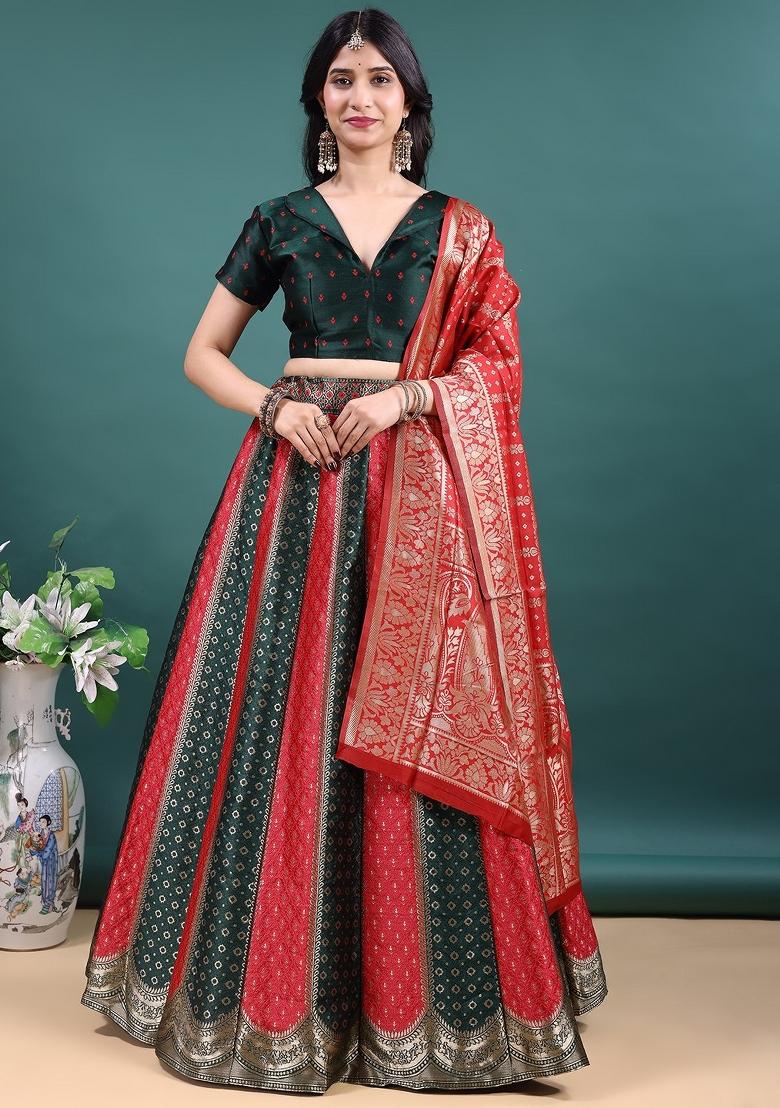 Green And Red Jacquard Work Jacquard Lehenga Set - Indya