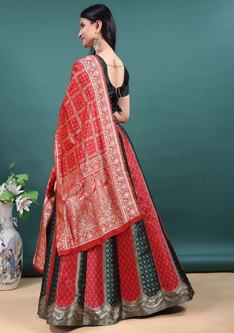 Green And Red Work Jacquard Jacquard Lehenga Set for Diwali | Wedding & Festive Wear - Indya