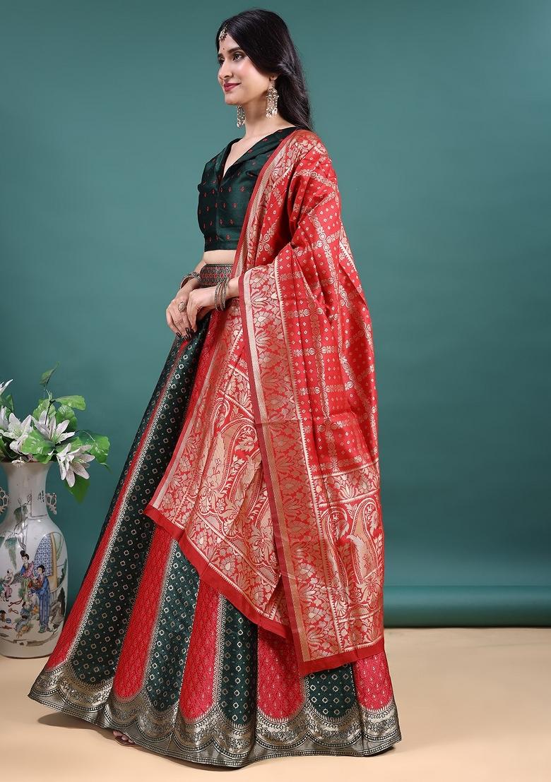 Green And Red Jacquard Work Jacquard Lehenga Set - Indya