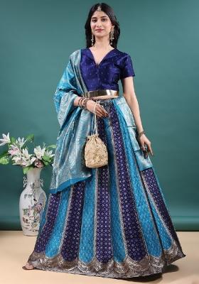 Navy Blue And Firozi Jacquard Work Jacquard Lehenga Set