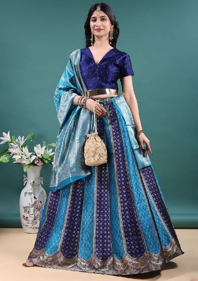 Navy Blue And Firozi Jacquard Work Jacquard Lehenga Set for Diwali and Festive Wear - Indya
