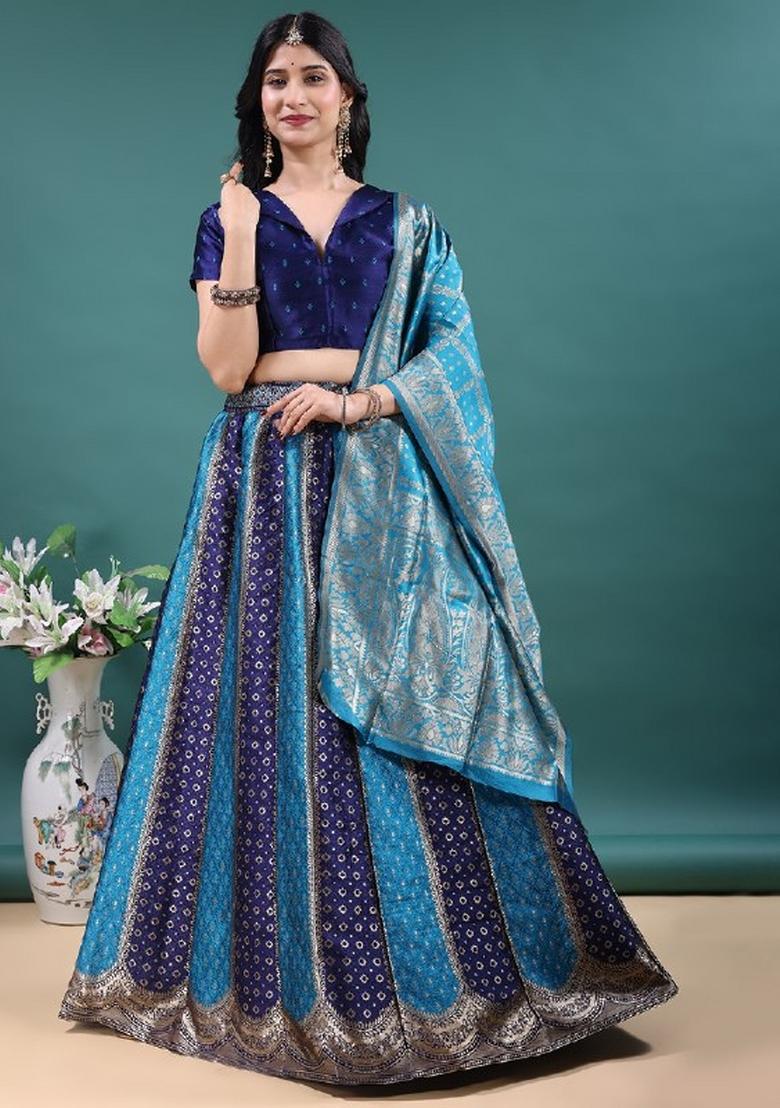 Navy Blue And Firozi Jacquard Work Jacquard Lehenga Set - Indya