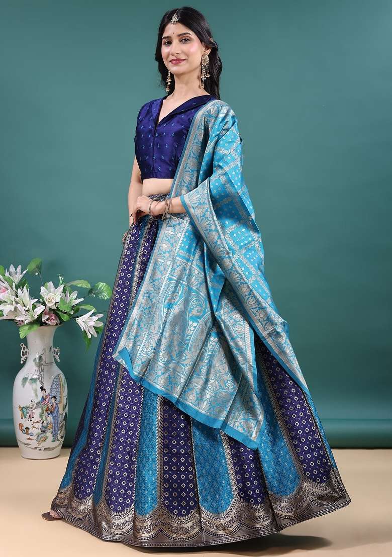 Navy Blue And Firozi Jacquard Work Jacquard Lehenga Set for Diwali and Festive Wear - Indya