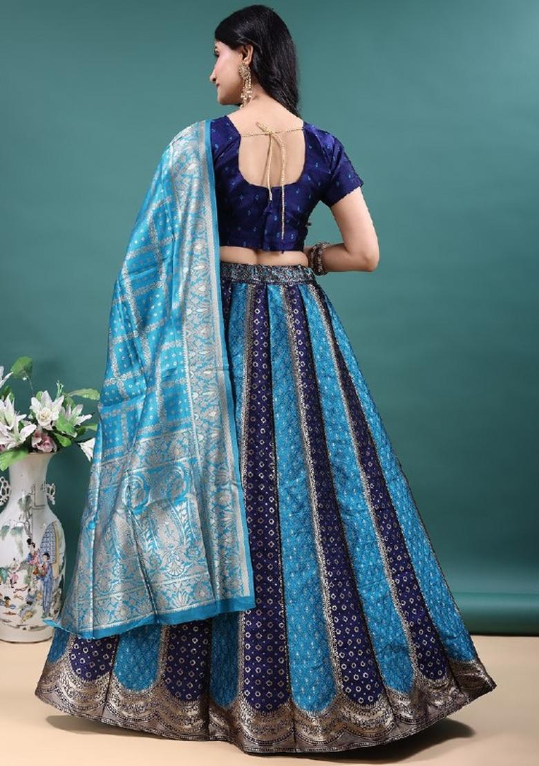 Navy Blue And Firozi Jacquard Work Jacquard Lehenga Set - Indya