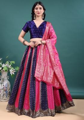 Navy Blue And Rani Pink Jacquard Work Jacquard Lehenga Set