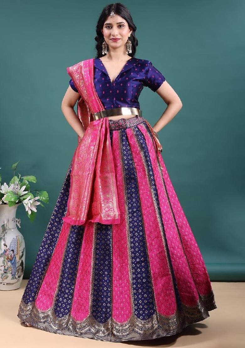 Navy Blue And Rani Pink Jacquard Work Jacquard Lehenga Set - Indya