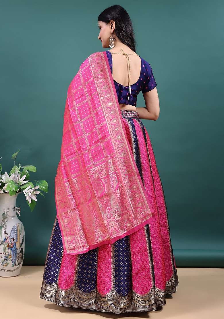 Navy Blue And Rani Pink Work Jacquard Jacquard Lehenga Set for Diwali | Wedding & Festive Wear - Indya