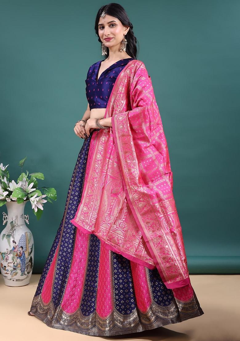 Navy Blue And Rani Pink Jacquard Work Jacquard Lehenga Set - Indya
