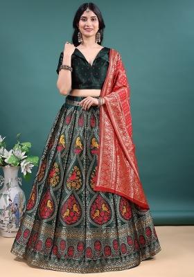 Green Jacquard Work Jacquard Lehenga Set