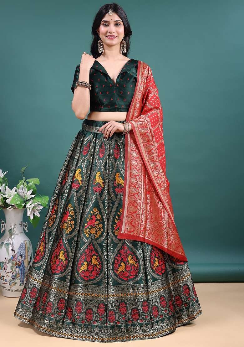 Green Work Jacquard Jacquard Lehenga Set for Diwali | Wedding & Festive Wear - Indya