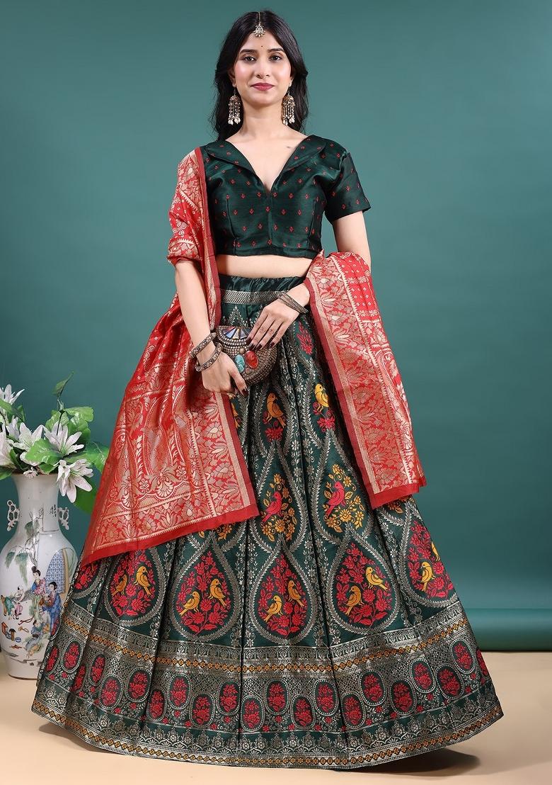 Green Jacquard Work Jacquard Lehenga Set - Indya