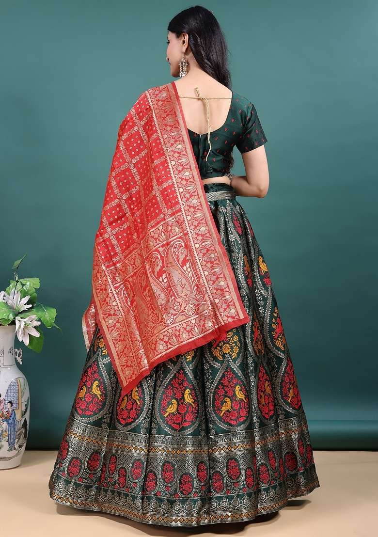 Green Work Jacquard Jacquard Lehenga Set for Diwali | Wedding & Festive Wear - Indya