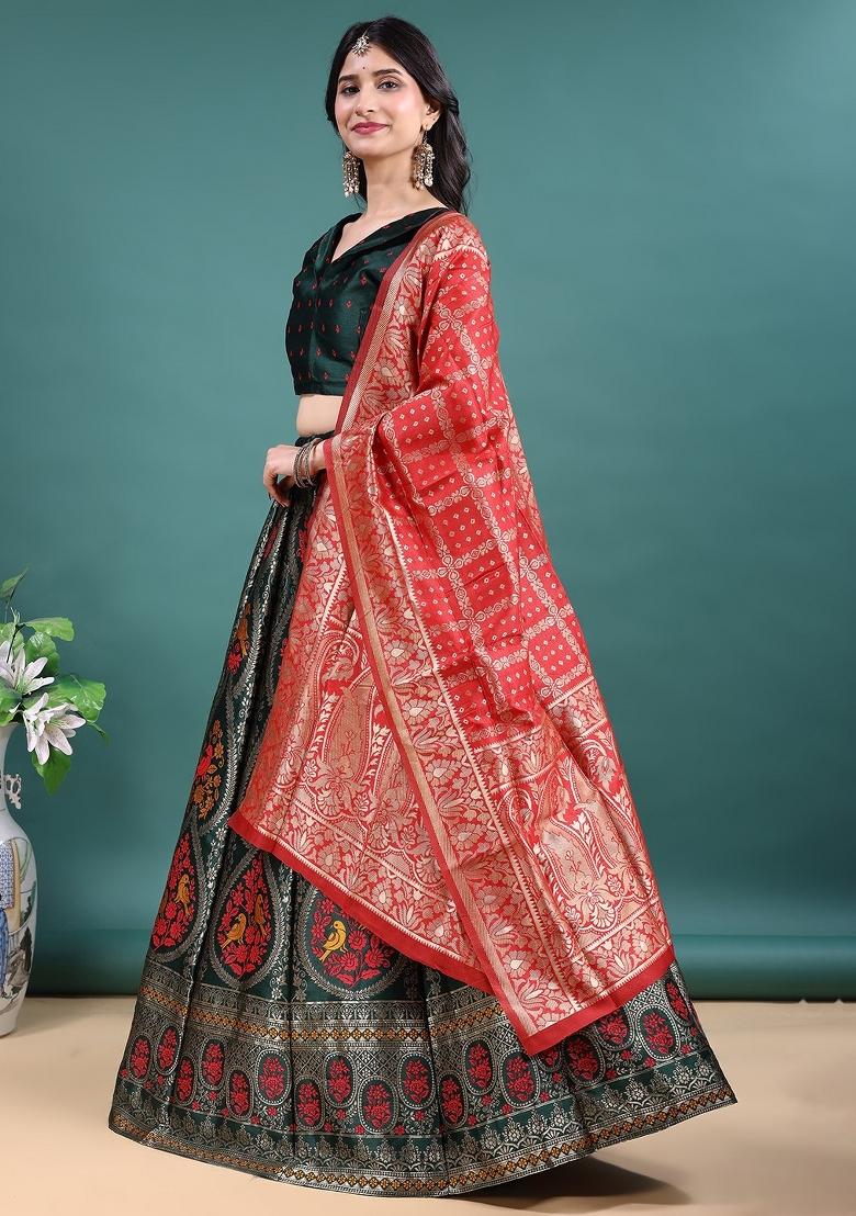 Green Jacquard Work Jacquard Lehenga Set - Indya