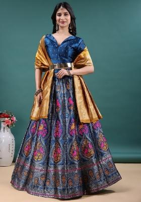 Teal Jacquard Work Jacquard Lehenga Set