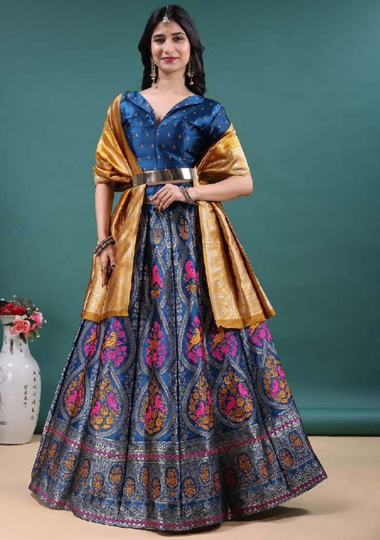Teal Work Jacquard Jacquard Lehenga Set for Diwali | Wedding & Festive Wear - Indya