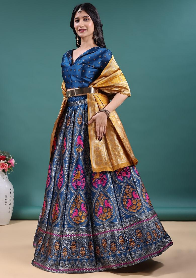 Teal Jacquard Work Jacquard Lehenga Set - Indya