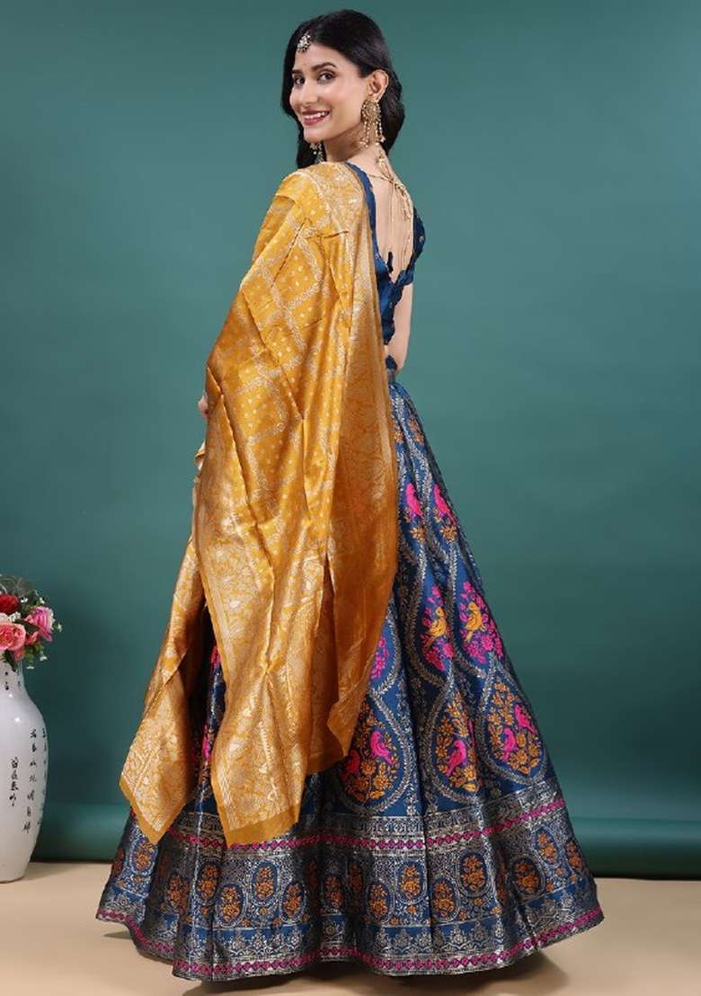 Teal Work Jacquard Jacquard Lehenga Set for Diwali | Wedding & Festive Wear - Indya