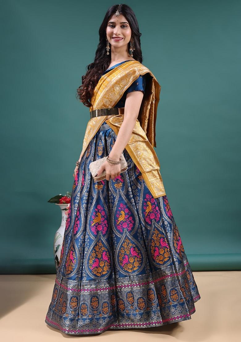 Teal Jacquard Work Jacquard Lehenga Set - Indya