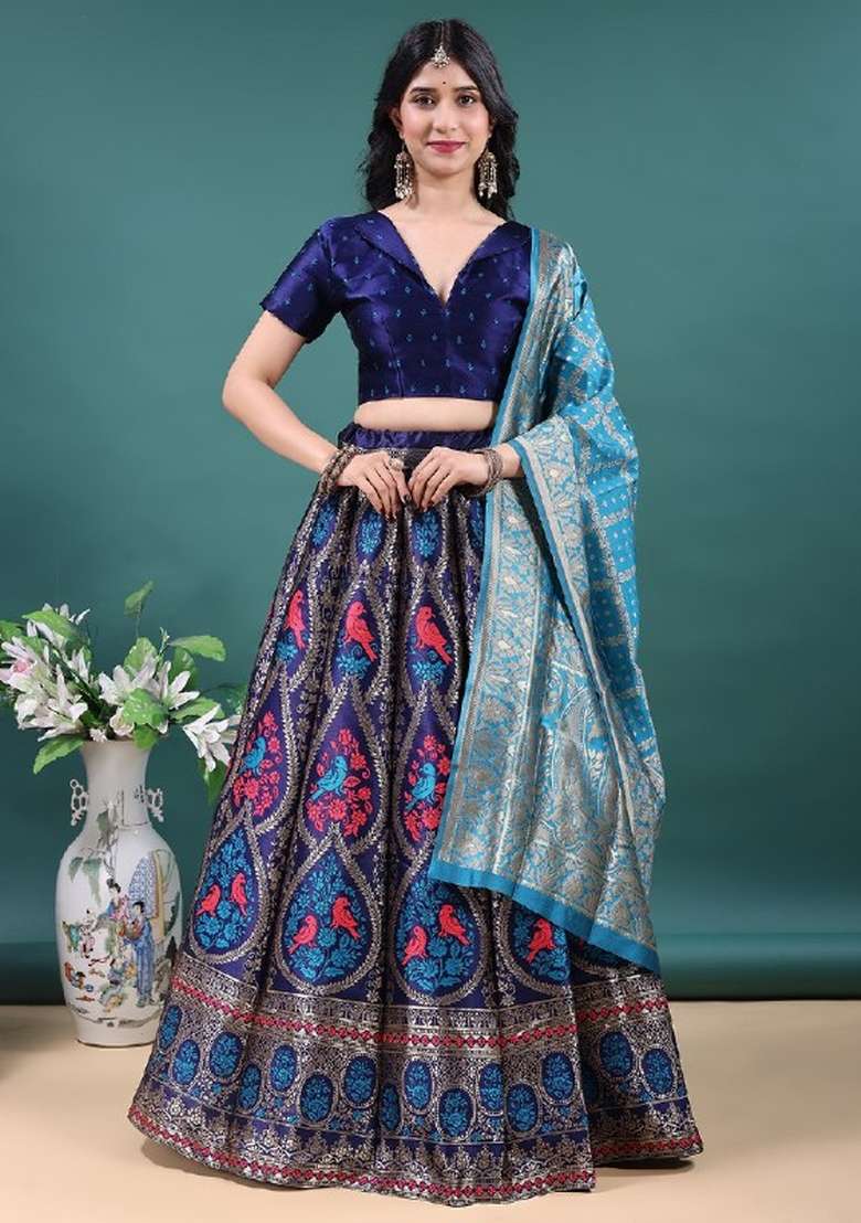 Navy Blue Jacquard Work Jacquard Lehenga Set for Diwali and Festive Wear - Indya