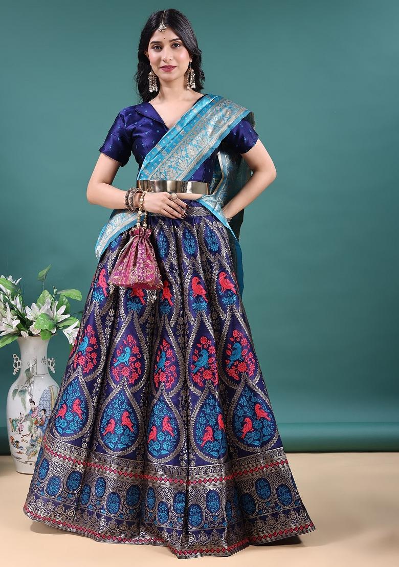 Navy Blue Jacquard Work Jacquard Lehenga Set - Indya