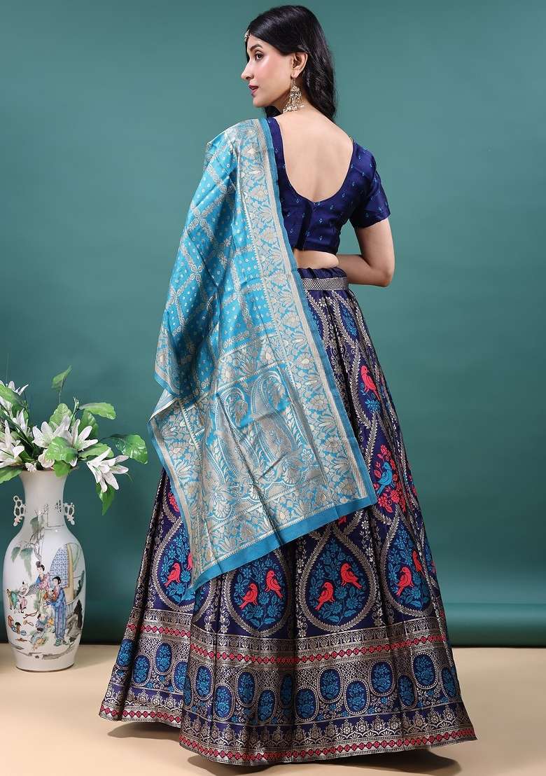 Navy Blue Jacquard Work Jacquard Lehenga Set for Diwali and Festive Wear - Indya