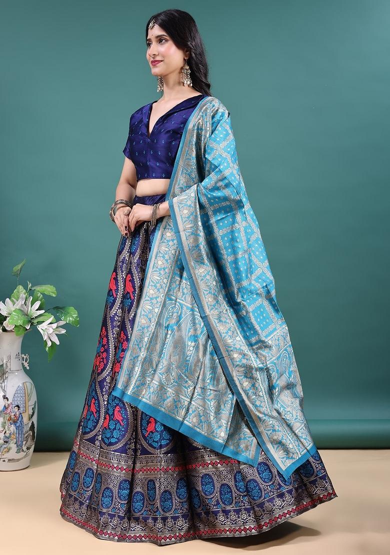 Navy Blue Jacquard Work Jacquard Lehenga Set - Indya