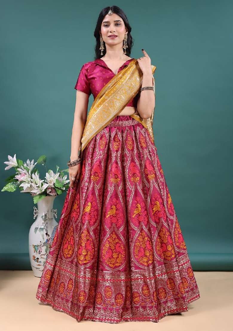 Pink Jacquard Work Jacquard Lehenga Set for Diwali and Festive Wear - Indya