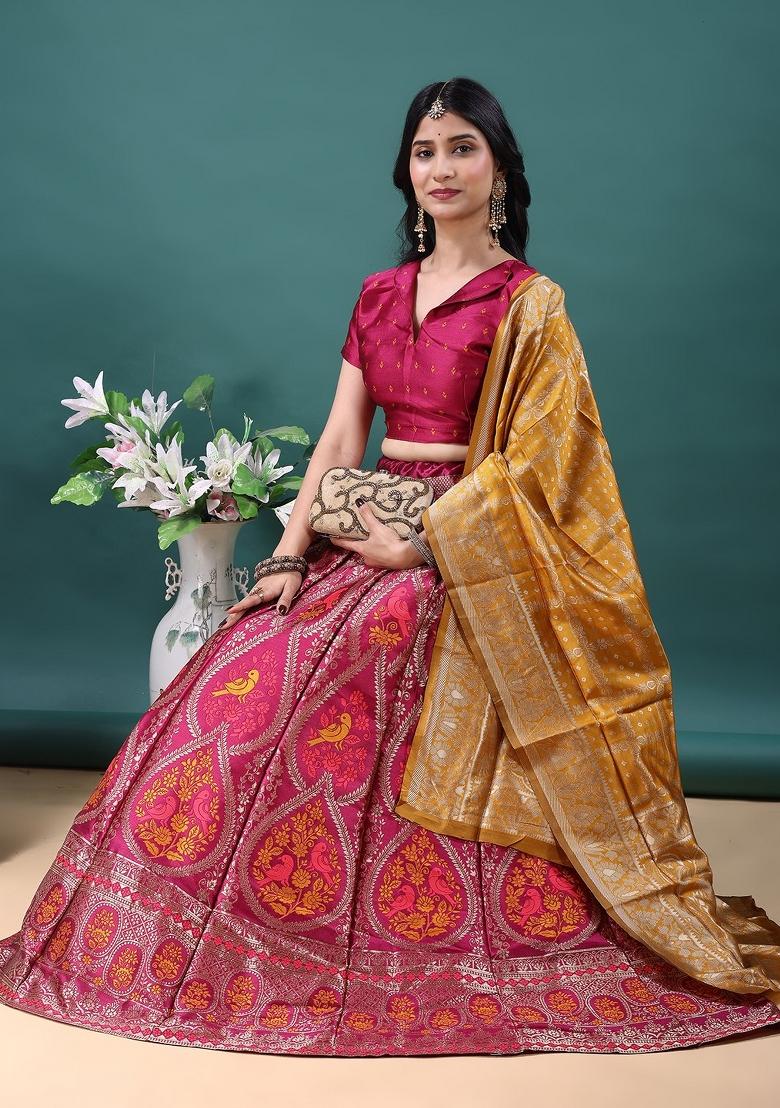 Pink Jacquard Work Jacquard Lehenga Set - Indya