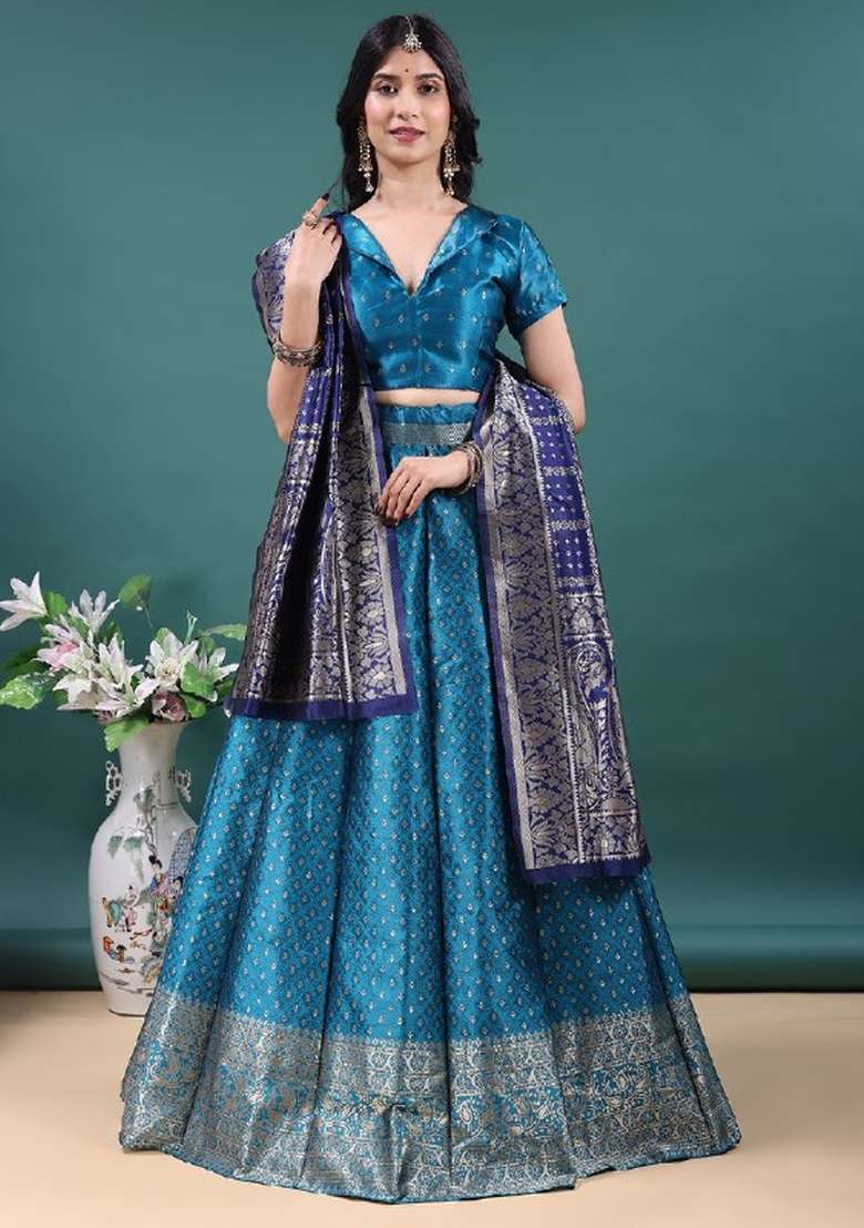 Firozi Work Jacquard Jacquard Lehenga Set for Diwali | Wedding & Festive Wear - Indya