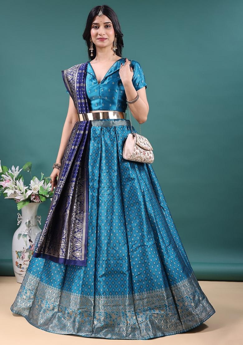 Firozi Jacquard Work Jacquard Lehenga Set - Indya