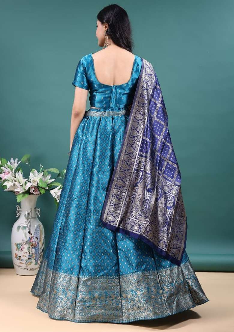 Firozi Work Jacquard Jacquard Lehenga Set for Diwali | Wedding & Festive Wear - Indya