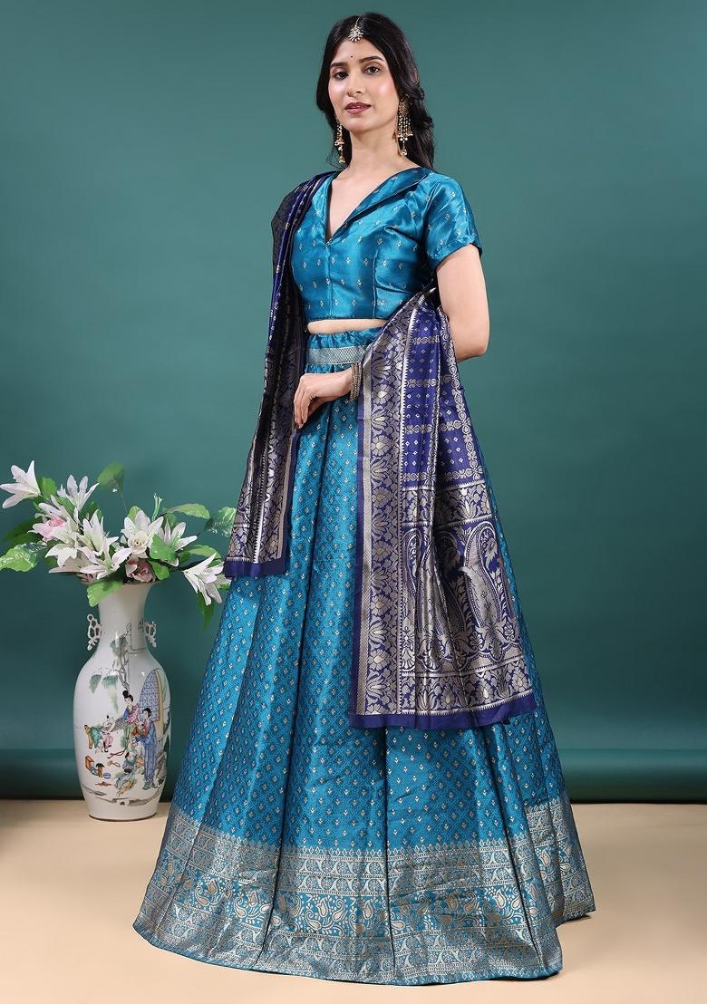 Firozi Jacquard Work Jacquard Lehenga Set - Indya