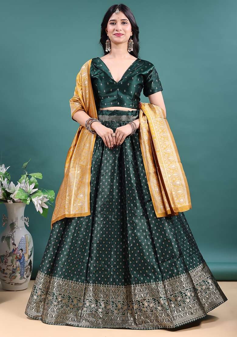 Green Work Jacquard Jacquard Lehenga Set for Diwali | Wedding & Festive Wear - Indya