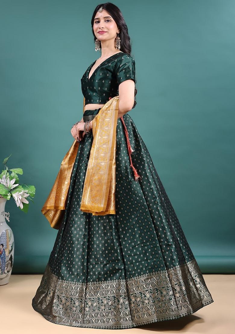 Green Jacquard Work Jacquard Lehenga Set - Indya