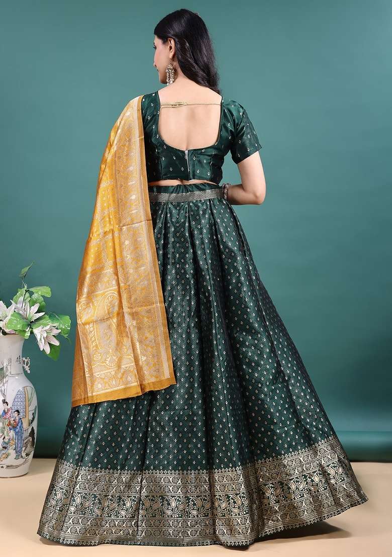 Green Work Jacquard Jacquard Lehenga Set for Diwali | Wedding & Festive Wear - Indya