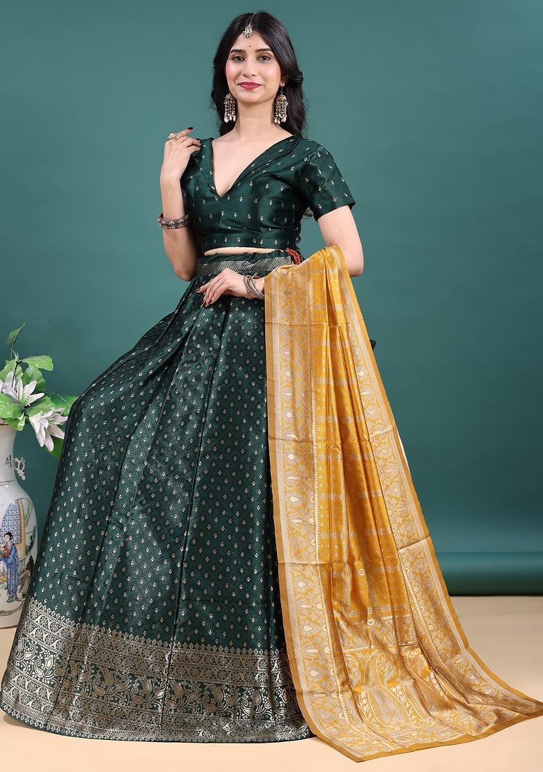 Green Jacquard Work Jacquard Lehenga Set - Indya