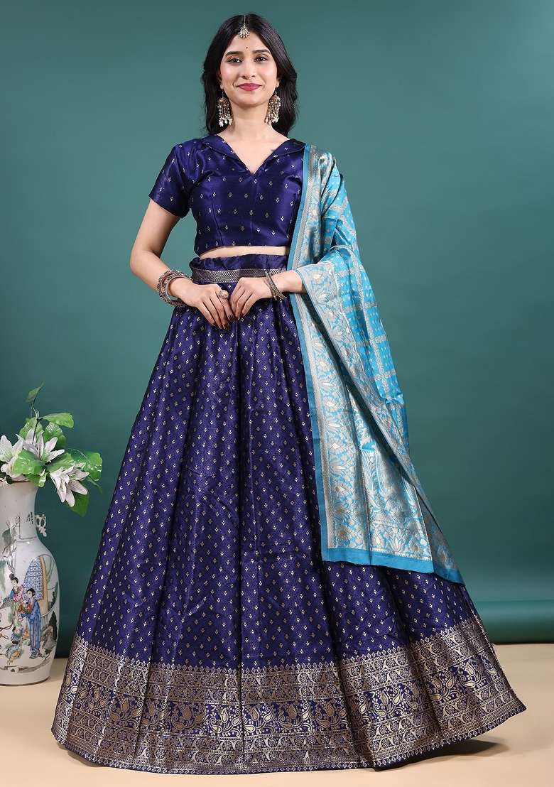 Navy Blue Jacquard Work Jacquard Lehenga Set for Diwali and Festive Wear - Indya