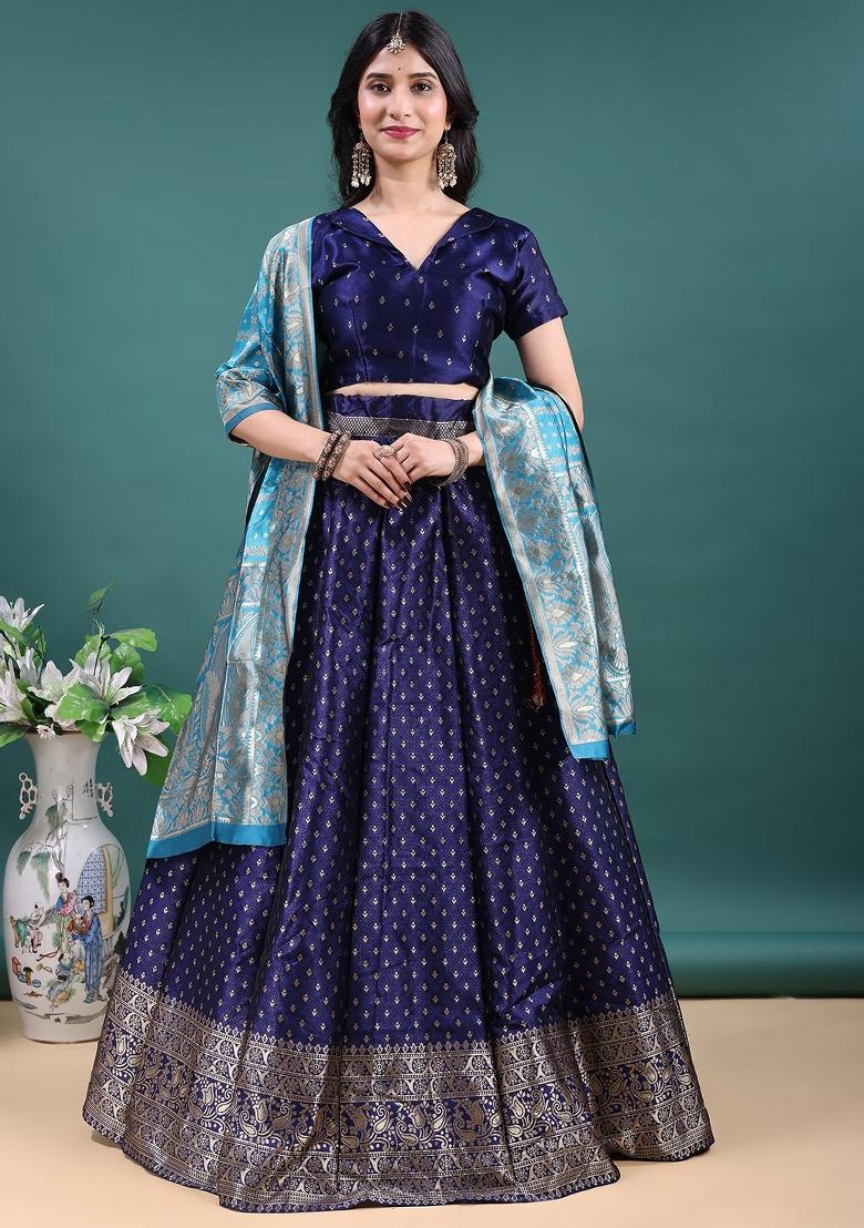 Navy Blue Jacquard Work Jacquard Lehenga Set - Indya