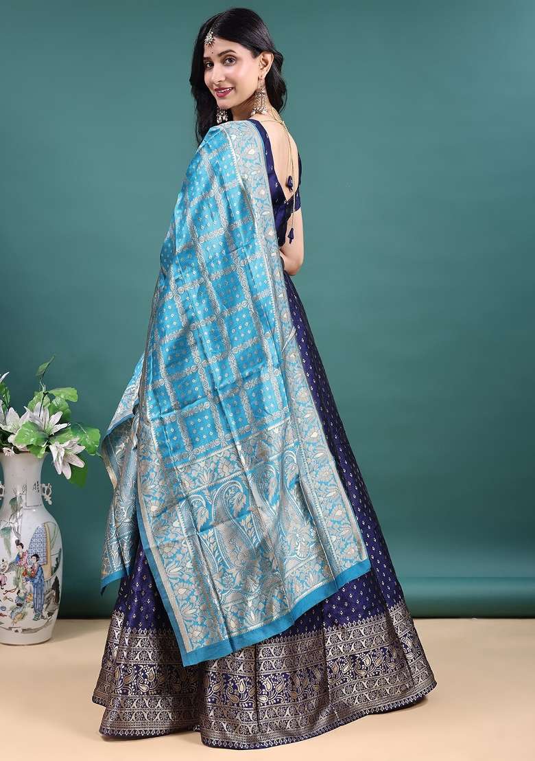 Navy Blue Jacquard Work Jacquard Lehenga Set for Diwali and Festive Wear - Indya