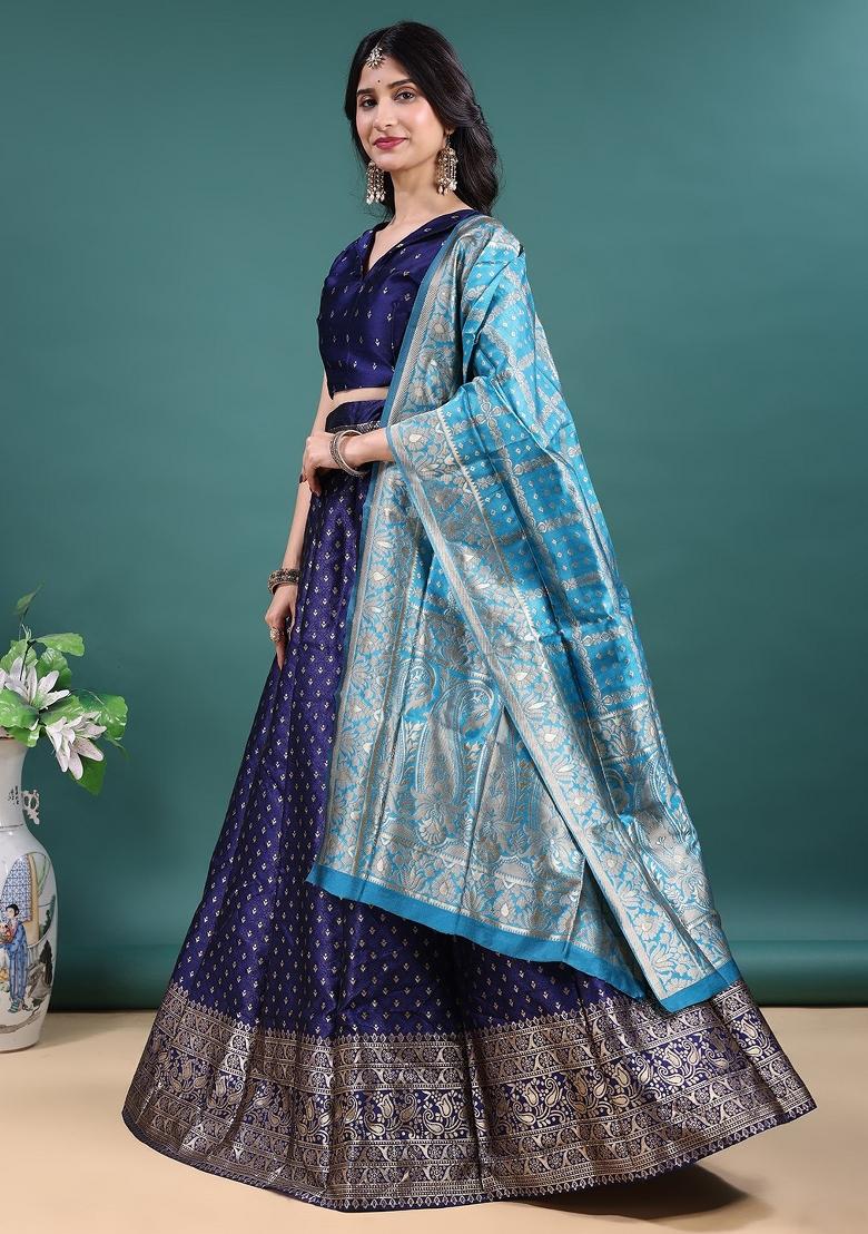 Navy Blue Jacquard Work Jacquard Lehenga Set - Indya