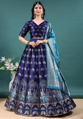 Navy Blue Jacquard Work Jacquard Lehenga Set