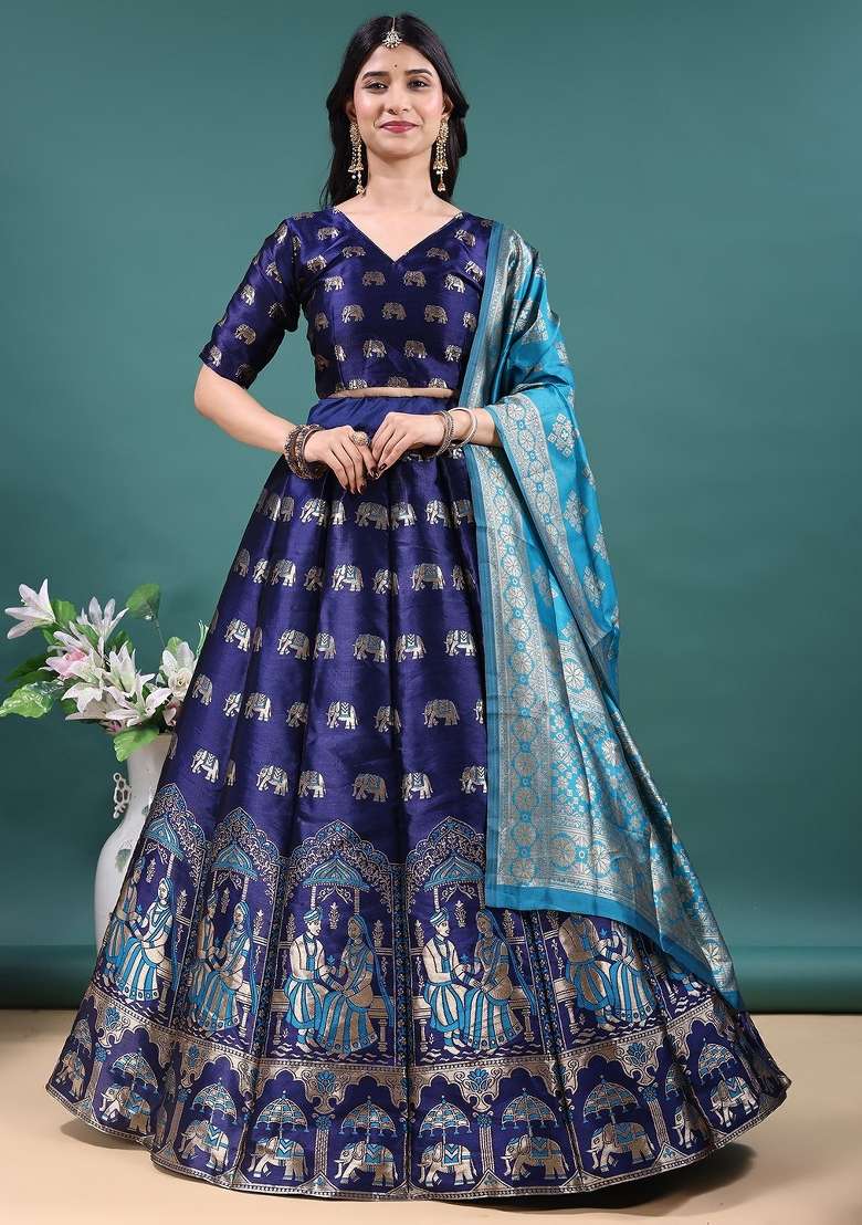 Navy Blue Work Jacquard Jacquard Lehenga Set for Diwali | Wedding & Festive Wear - Indya