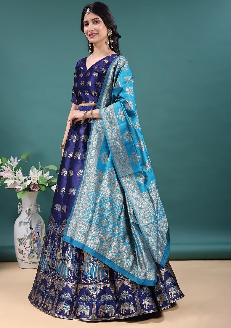 Navy Blue Jacquard Work Jacquard Lehenga Set - Indya