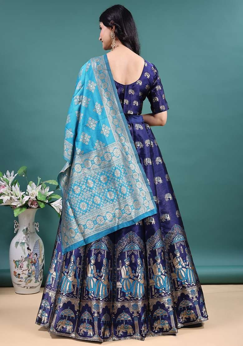 Navy Blue Work Jacquard Jacquard Lehenga Set for Diwali | Wedding & Festive Wear - Indya