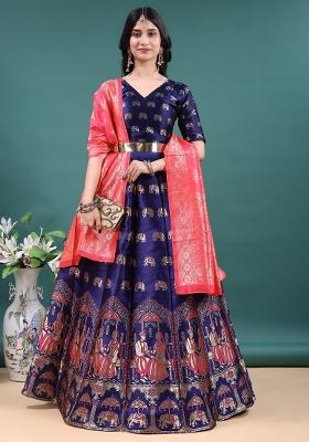 Navy Blue Jacquard Work Jacquard Lehenga Set
