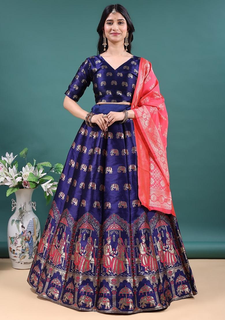 Navy Blue Jacquard Work Jacquard Lehenga Set - Indya