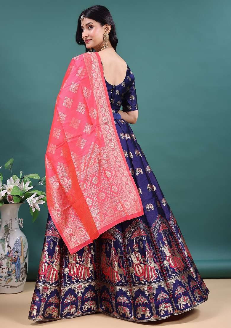 Navy Blue Jacquard Work Jacquard Lehenga Set for Diwali and Festive Wear - Indya